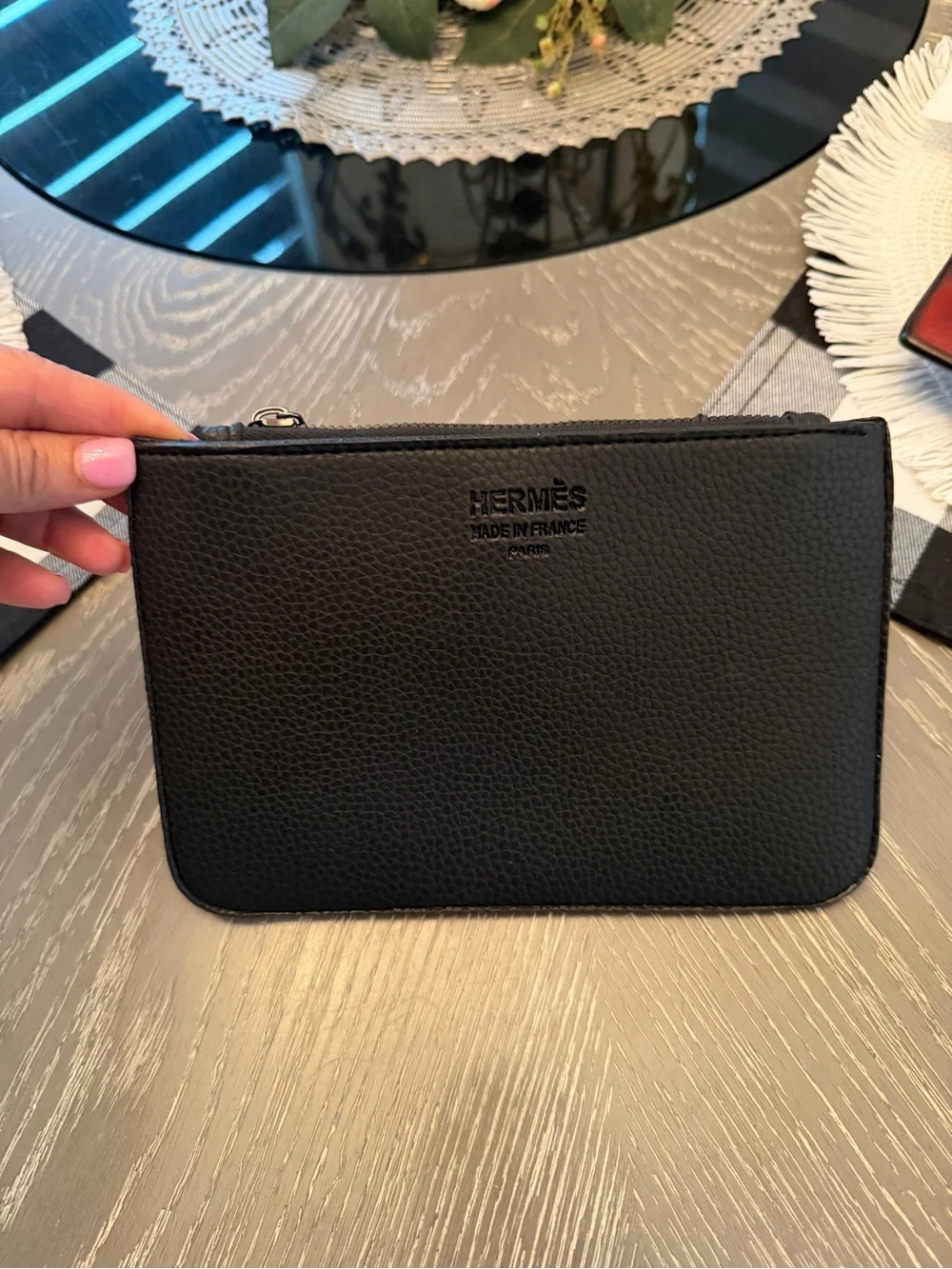 Hermès Black Pebbled Leather Zip Pouch